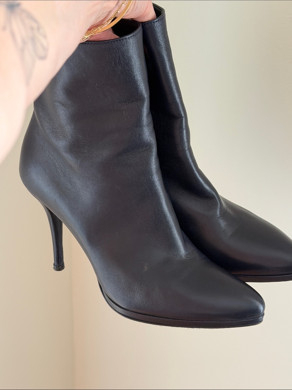 Stuart Weitzman Navy Power 75 Leather Pointed-Toe Heeled Ankle Boots